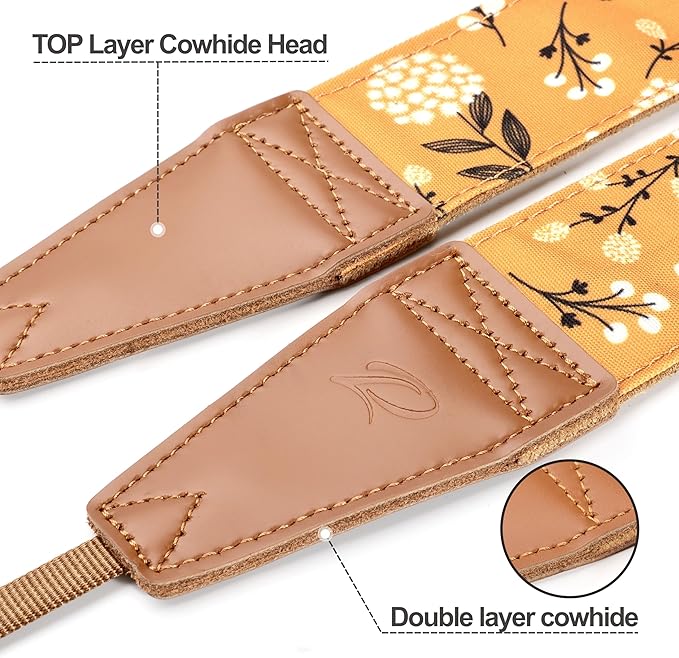 Padwa Lifestyle Camera Strap - 2" Full Grain Leather Ends Camera Straps for Photographers, Vintage Embroidered Cotton Weave Soft Suede Fabric Padded Strap Quick Release fits All Cameras