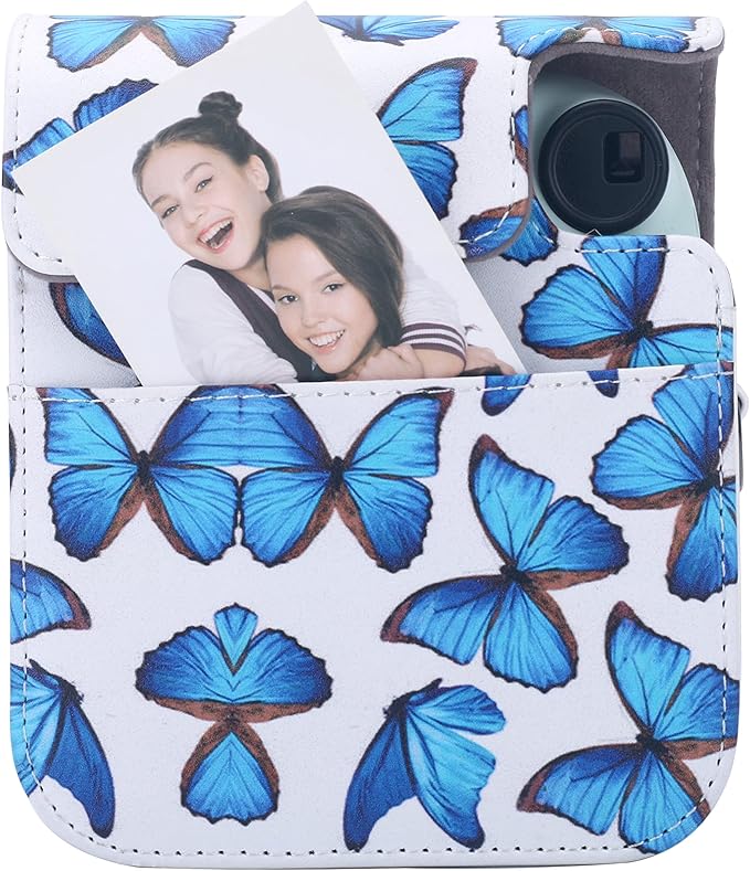 Frankmate Protective Case Compatible with Fujifilm Instax Mini 12 Instant Film Camera with Accessory Pocket and Adjustable Strap (Blue Butterfly)