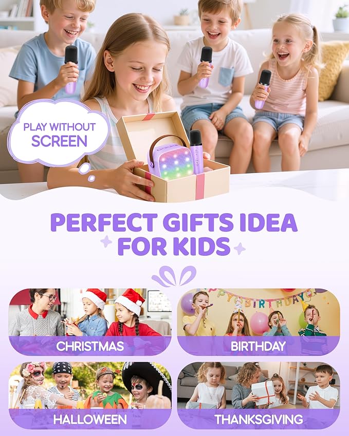 Upgraded Mini Karaoke Machine with 4 Wireless Microphones Toy for Kids, Birthday Gifts for Girls Boys, Portable MP3 Player for Ages 3, 4, 5, 6, 7, 8, 9, 10, 11, 12+ Year Old Party (Purple)