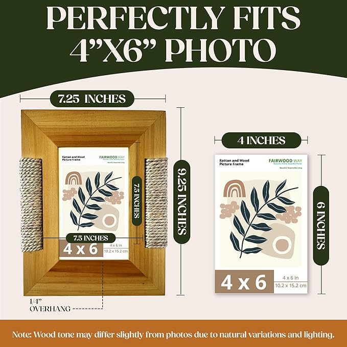 BoHo Wicker Accent Solid Wood Picture Frame for 4x6 Photo or Artwork - Bohemian, Coastal or Beach Style, Wall & Tabletop Decor Picture Frame, All Natural Wood & Seagrass - Golden Brown