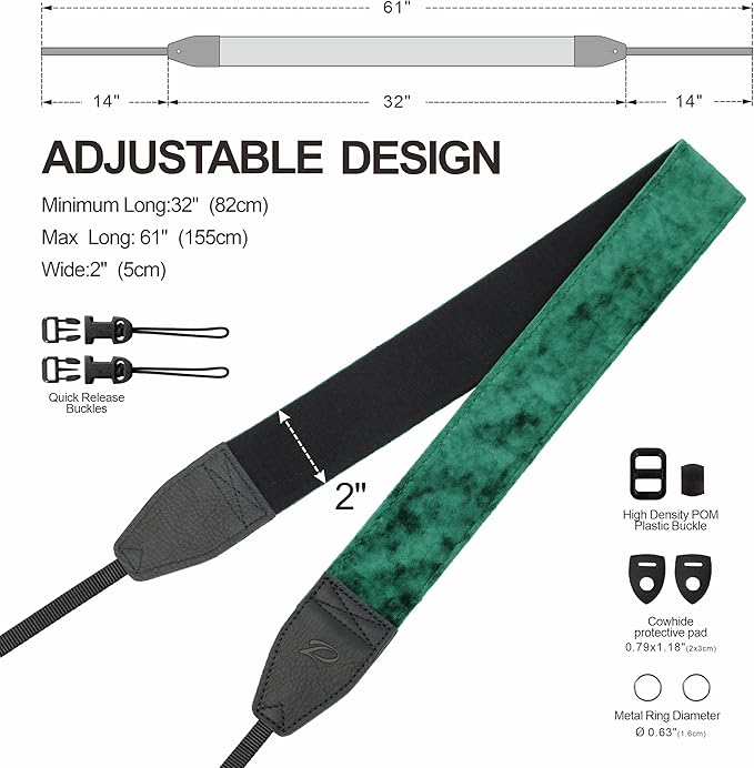 Padwa Lifestyle Green Velvet Camera Strap - 2" Double Layer Full Grain Cowhide Leather Head Camera Straps for Photographers,Unique Soft Velvet Fabric with Quick Release fits all Cameras