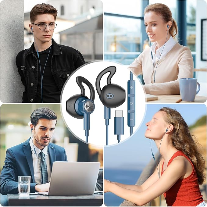 USB C Headphones for Samsung S26 S25 Ultra S24+ 23, Type C Earphones with Microphone Magnet HiFi Stereo Wired Earbuds for iPhone 17 Air 16 Pro Max 15/Galaxy A53 S21 S20 FE Flip 7 6 Fold/Pixel 10, Blue
