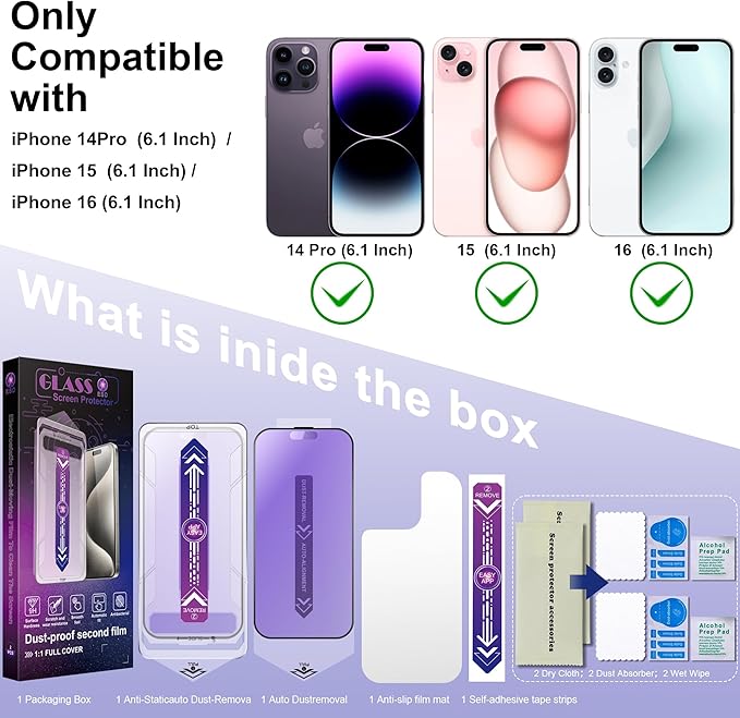 SHANG PIN JIA 2 Pack Anti Blue Light Matte Screen Protector for iPhone 16 and iPhone 15 and iPhone 14 Pro 6.1-Inch Auto Dust Removal, No Bubbles, Tempered Glass Film, Easy Installation