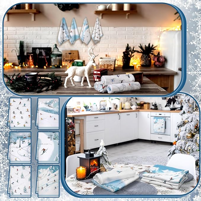 Preboun 6 Pcs Winter Ski Kitchen Towels Winter Decorative Christmas Hand Towels White Cold Color Ski Themed Dish Cloth Farmhouse Tea Cloth Kitchen Accessories Bathroom Decor Souvenir Gifts