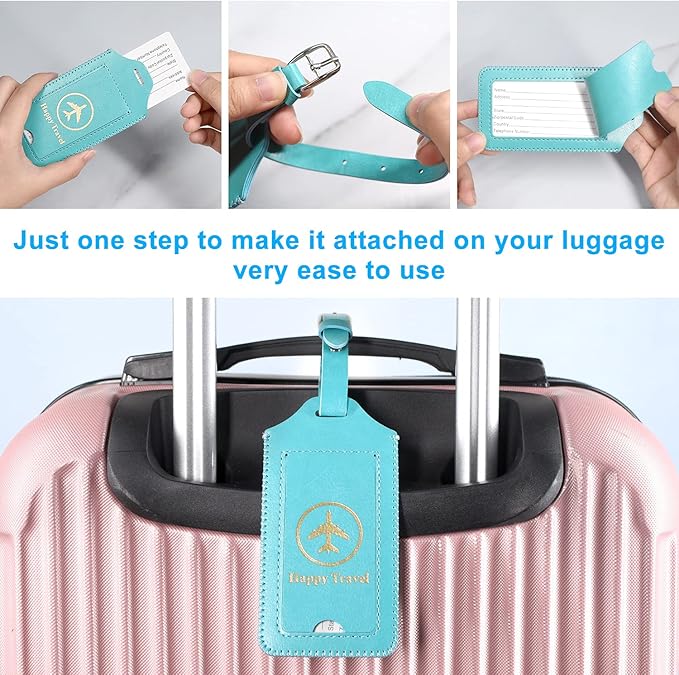 ACdream Luggage Tags 2 Pack, Leather Suitcase Tags Identifiers, Cute Cruise ID Labels with Privacy Cover fits on Backpack, Travel Bag, for Women, Men, Adults, Kids, Sky Blue