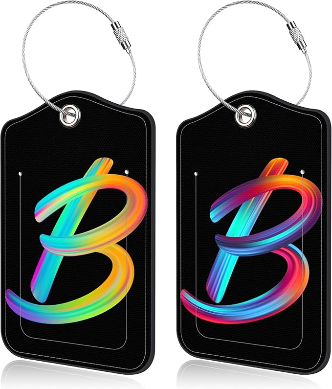 Luggage Tags for Suitcase,2 Pack Neon Colorful Letters Luggage Tags,Leather Baggage Tags Identifiers with Privacy Name Address Labels and Metal Loop for Women Men Girls Travel,Letter B