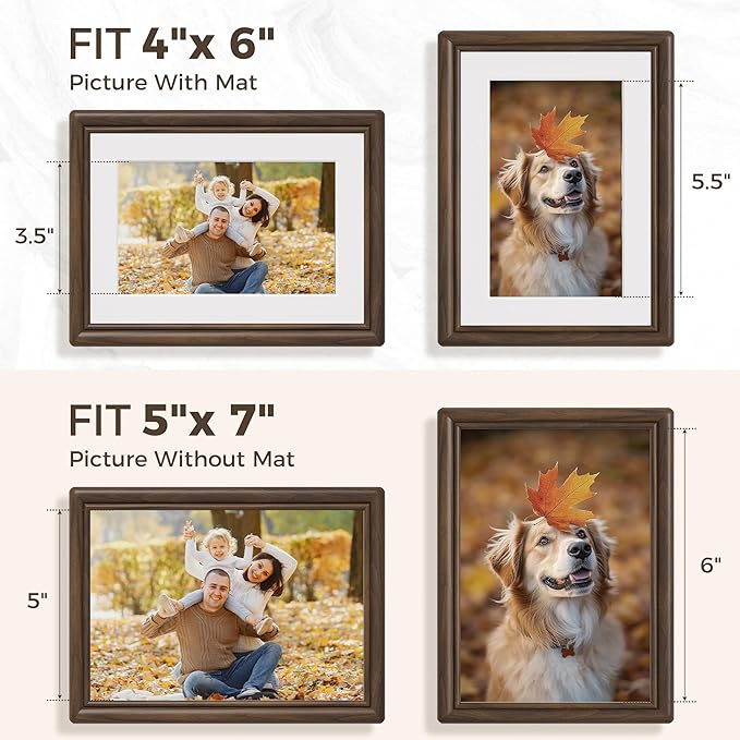 Dreamland 5x7 Picture Frame, Solid Walnut Wood 5x7 Photo Frame, 5 by 7 Wood Frames with Real Glass for Tabletop & Wall Display, 5x7 Frame Matted to 4x6
