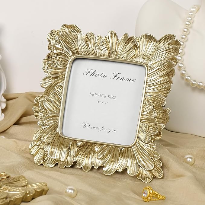 Cuspin 4x4 Picture Frame Gold Square Frames, Vintage Gold Resin Photo Frame Palm Leaves Textured with Glass Front for Wall Hanging and Tabletop Display Home Decor