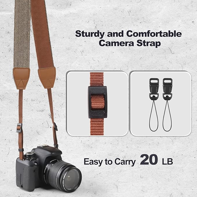 Universal Camera Strap - Camera Neck Strap, Adjustable Shoulder Straps Compatible with Canon, Fujifilm, Nikon, Olympus, Panasonic and other SLR and mirrorless cameras - Khaki and Black Stripes