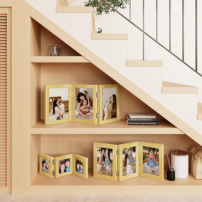 decorUhome Triple 6x4 Picture Frame Horizontal, Engineered Wood Trifold Photo Frame with Plexiglass for Tabletop Display, 6x4, Gold
