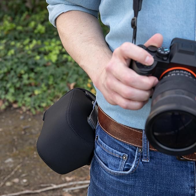 USA Gear Camera Sleeve (Large) for Mid-Size SLRs Compatible with Sony A7 V, Canon EOS R6 Mark II, Nikon Z50II & more - Padded Neoprene DSLR Case with Zipper Accessory Pocket & Belt Loop (Black)