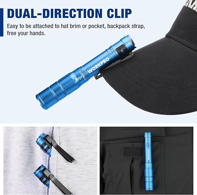 WORKPRO Rechargeable Pen Light, Mini Flashlight, 2 Pack Ultra-Compact EDC Flashlight, Pocket Flashlight with Clip, Memory Function and 2 x USB C Cable Included, Blue