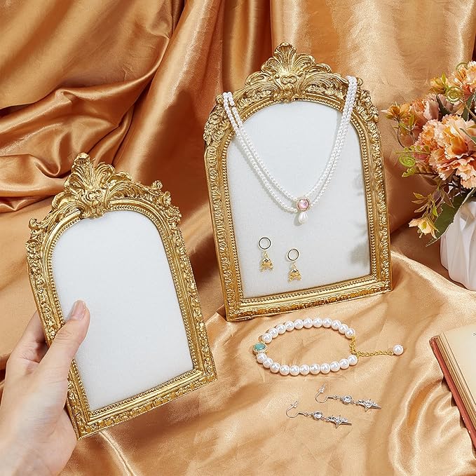 2Pcs Gold Resin Jewelry Display Stand, Vintage Photo Frame Necklace Holder Earring Organizer, Necklace Storage Box, Photography Prop, Elegant Decor for Collectibles Gifts for Women
