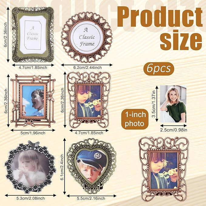6 Pack Mini Vintage Picture Frame Tiny Metal DIY Photo Frames Wallet Size Picture Frames Tiny Metal Pictures Frame Irregular Size for Tabletop and Wall Display