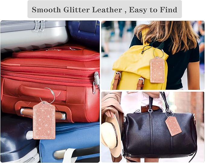 (Set of 2) Luggage Tag Leather Privacy Cover ID Label Address Card with Stainless Steel Loop, Travel Bag Tags Suitcase Labels, Glitter Rose Gold