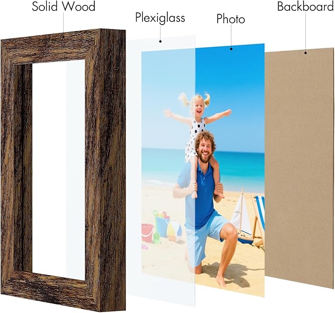 Vittanly 4x6 Picture Frame, Made of Solid Wood and Shatterproof Plexiglass, Wooden Photo Frame for Wall Mounting or Tabletop Display, Picture Frame for Home Decor with Stand, Dark Brown, 1 Pack