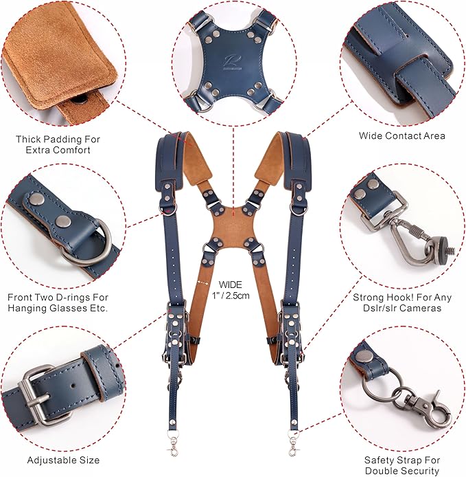 Padwa Lifestyle Blue Dual Camera Harness for Two Cameras - Wide Strap with Thick Shoulder Padded,Full Grain Leather Double Harness,Multi Camera Gear for DSLR Strap for Photographers