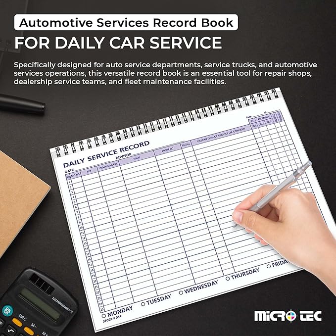 Daily Car Service Record Book – 8.5" x 11" Spiral Bound Auto Service Log – Blue Ink Durable 90# Paper – Automotive Service & Repair Tracking – Dealership Workshop Record - 100 Pages/Book (Book of 4)