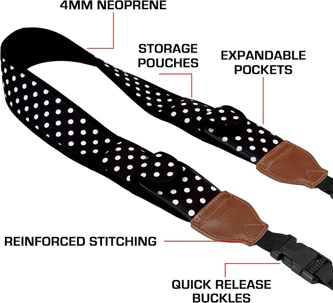USA Gear TrueSHOT Camera Strap Neoprene Camera Straps - Padded Neck Strap, Pockets, and Quick Release Buckles - Compatible with Canon, Nikon, Sony and More DSLR and Mirrorless Cameras (Polka Dot)