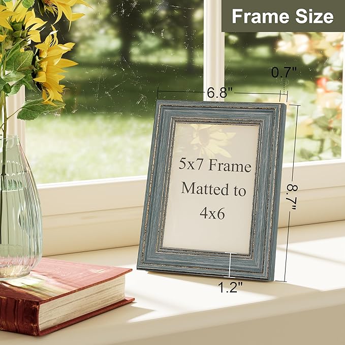 Vittanly 5x7 Picture Frame Set of 4, Vintage Photo Frame for Wall or Tabletop, Display 5x7 Pictures, Rustic Farmhouse Home Decor, Vintage Blue