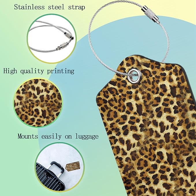 Luggage Tags for Suitcase,2 Pack Leopard Luggage Tag Wild Animal Skin Print PU Leather Privacy Cover ID Label with Stainless Steel Loop for Women Men Teens Travel