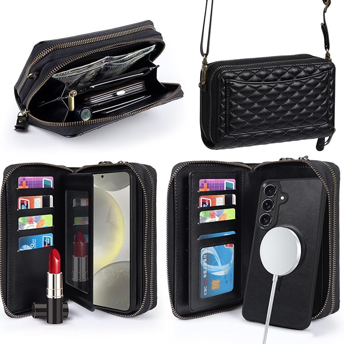 Harryshell Compatible with Samsung Galaxy S26 Plus Case Wallet Multi Zipper Detachable Removable Cover Purse with Card Slots Holder Mirror Crossbody Strap (Compatible with Magsafe - Black)