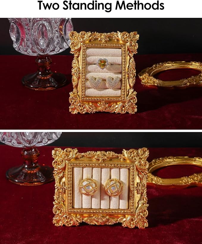 COOLYOUTH Vintage Ring Holder Ring Display Stand Frame Jewelry Organizer Velvet Tray for Jewelry (Medium-Beige)