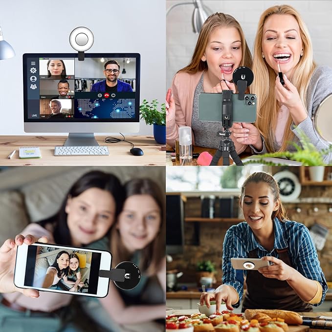 UTEBIT Phone Ring Light Rechargeable Small Magnetic Ring Light of Pocket-Size, 18 LEDs 4 Brightness Levels Portable Phone Clip on Light for Laptop & Makeup, Portable Selfie Light, White&Black