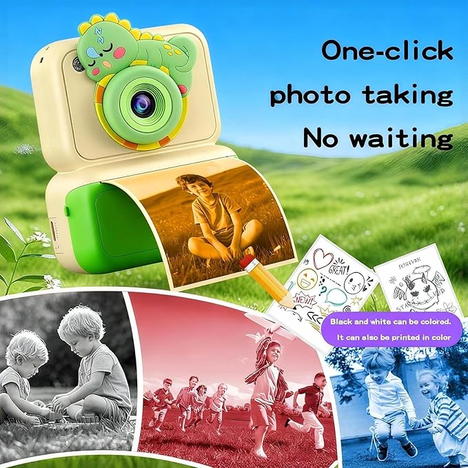 Kids Camera Instant Print, Instant Camera with 4 Roller Photo Paper & 32GB Card, 1080P Dual-Lens Digital Camera for Kids, Boys and Girls Toys Gifts for Teenage Girls Kids Toys for Ages 8-13 (Beige)