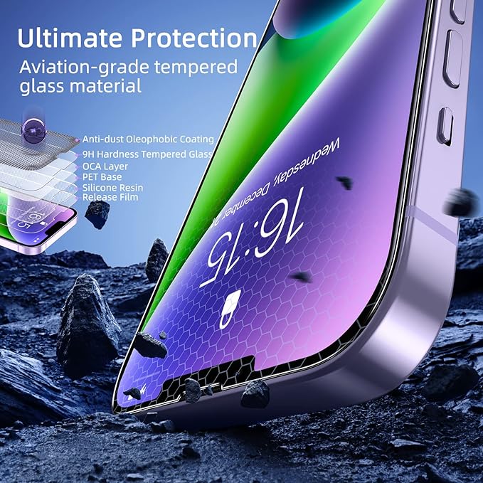 ruwa Screen Protector for iPhone 13/13 Pro/14/16e [3-Pack] [6.1 Inch] Display Tempered Glass Film with Easy Installation Frame, Ultra HD, 9H Hardness, Scratch Resistant, Case Friendly, Full Coverage
