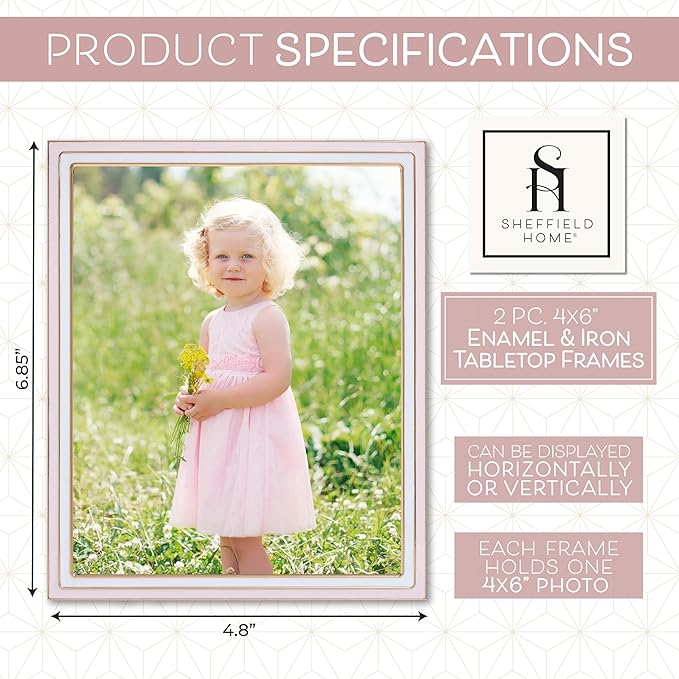 Sheffield Home Tabletop Picture Frame – Iron Enamel Decorative Display Frame for Home or Office, 4x6 Inch, Light Pink