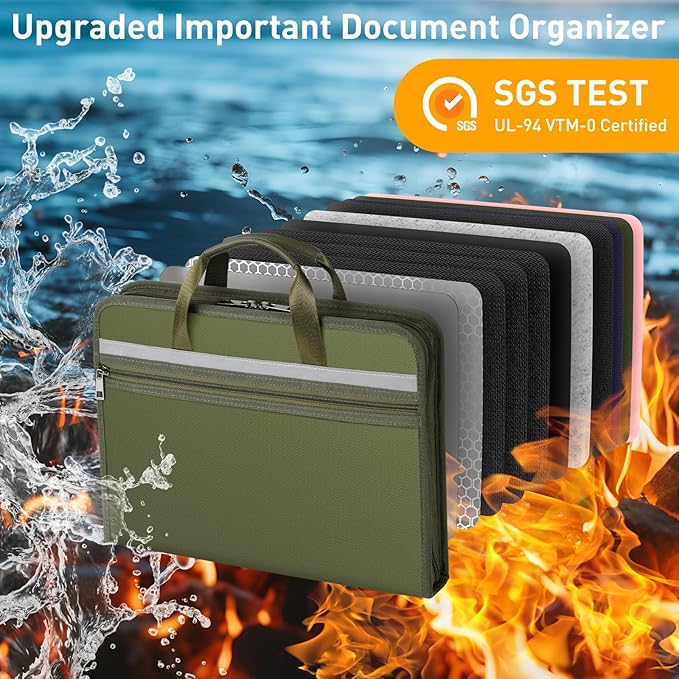 5200℉ Fireproof Document Organizer with 13 Accordion Expanding File Folder, Aluminum Foil Zipper Binder with 30 A4/Letter Sheet Protector, Binder for School Office Home Storage (Green)