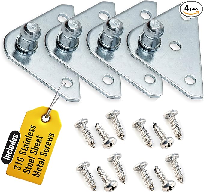 10MM Ball Stud Mounting Silver Bracket for Gas Struts - Heavy Duty Lift Support Shock Brackets with Stainless Steel Screws - Ideal for Spring Hood Struts & Closer Piston Prop Mounts – x4 Flat