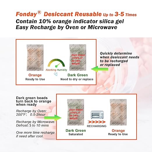 5g x 120 packs Fonday Rechargeable Silica Gel Desiccant Packets Fast Reactivate Desiccant Bags Moisture Indicating Orange to Green