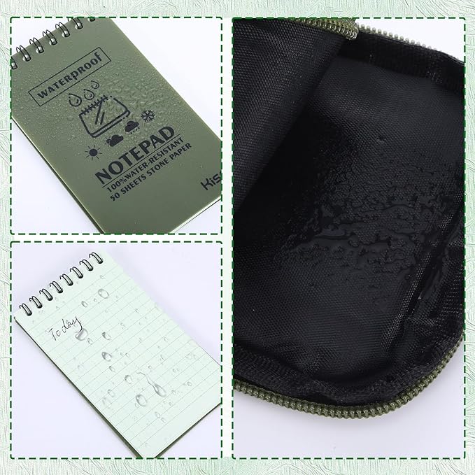 6 Pcs Waterproof Notebook Set, Write in The Rain Notebook, All Weather Notebook, Police Notepad, Field Notes Notebooks, 3 × 5" Pocket Notebook with Pen and Cover for Outdoor Activities Recording Green
