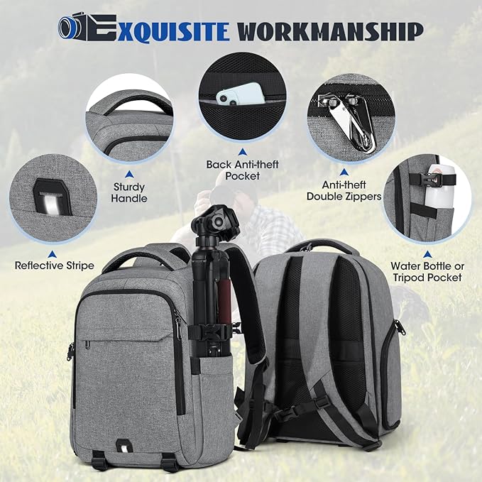 Camera Backpack Camera Bag for Photographers DSLR SLR Mirrorless Camera Cases with Waterproof Rain Cover & Laptop Compartment Fits 14 Inch Laptop,Anti Theft Travel photography backpack,Grey