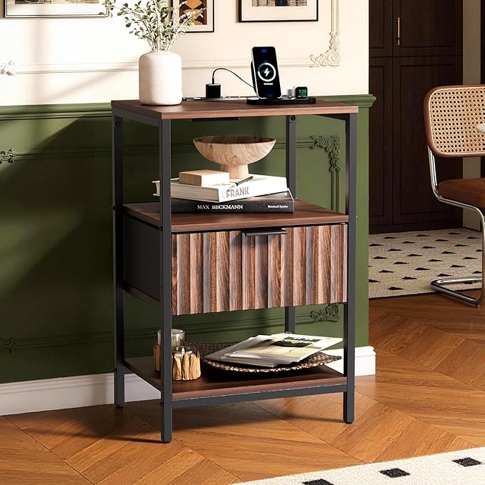 Bonnlo Fluted Nightstand with Charging Station, End Table with Fabric Drawer, Night Stand with Storage Shelf & Handle, Fluted Side Table for Bedroom/Living Room,Walunt