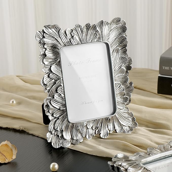 Cuspin Silver 3x5 Picture Frame, Vintage Silver Palm Leaves Textured Hand-Crafted Resin with Glass Front, Small Frames Elegant Wedding Frame for Wall Hanging and Tabletop Display