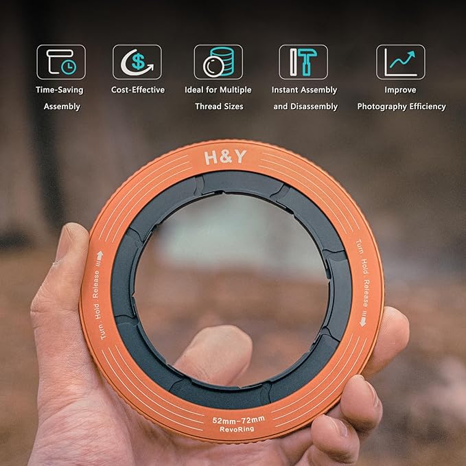 H&Y RevoRing Adjustable Step Up Ring 52-72mm to 77mm, Variable Lens Filter Adapter Ring, Universal Stepping System fits 52 55 58 62 67 72mm, Orange