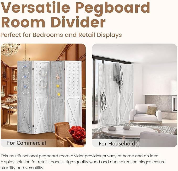 4 Panel Pegboard Wood Room Divider, 5.6Ft Pegboard Display Folding Privacy Screens, Peg Board Display Freestanding for Trade Show Craft Show Home Wall Organizer, Retro White