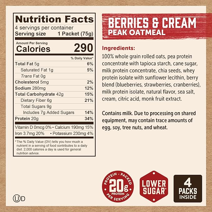 Kodiak Cakes Peak Instant Oatmeal Packets, Berries & Cream, High Protein,100% Whole Grains, 6 box with 4 packets each (Total of 24 packets)