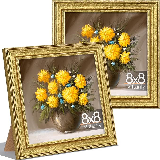 Vittanly 8x8 Picture Frames Set of 2, Ornate Vintage Photo Frame for Wall or Tabletop, Display 8x8 Pictures without Mat, Rustic Gold