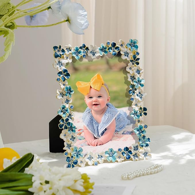 Blue Flower Picture Frame 5x7 Blossom Photo Frame for Tabletop Display, Decorative Flower Design Home Decor