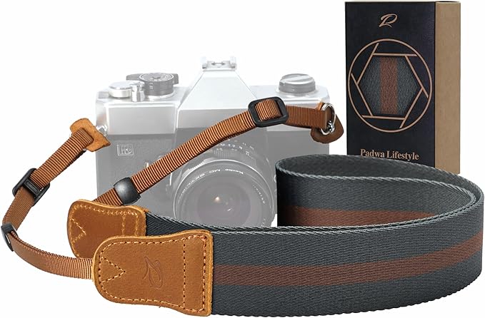 Padwa Lifestyle Green Brown Stripes Camera Strap - Double Layer Crazy Horse Cowhide End,1.5" Wide Pure Cotton Camera Straps,Adjustable Neck Shoulder Strap for All DSLR Cameras,Gift for Photographers