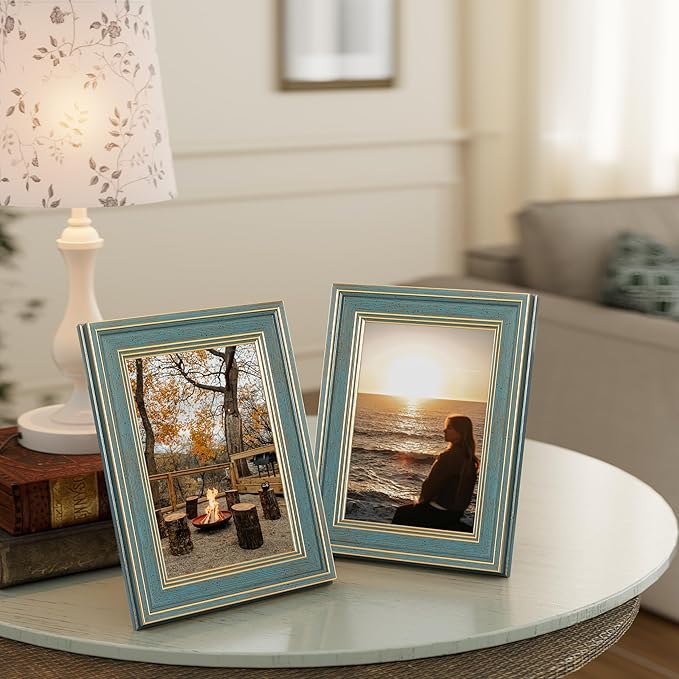 Vittanly 5x7 Picture Frame Set of 4, Vintage Photo Frame for Wall or Tabletop, Display 5x7 Pictures, Rustic Farmhouse Home Decor, Blue