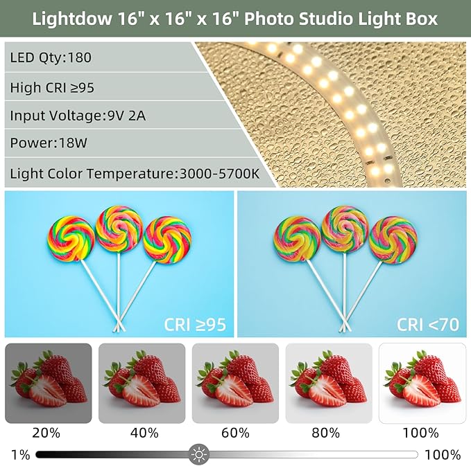Lightdow 16"x16"x16" Photo Studio Light Box Photography with 180 LEDs (CRI>95) & Type-C Cable(18W), 6 Backdrops - Dimmable Shooting Tents[Light Box pkg. lacks Type-C Plug. Add manually.]