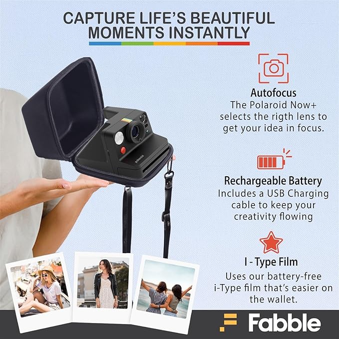 Polaroid Now+ Generation 3 I-Type Instant Film Camera (Black) Bundle with Polaroid Color I-Type Film (8 Exposures), Hard Protective Case and USB-C 6 ft. Cable