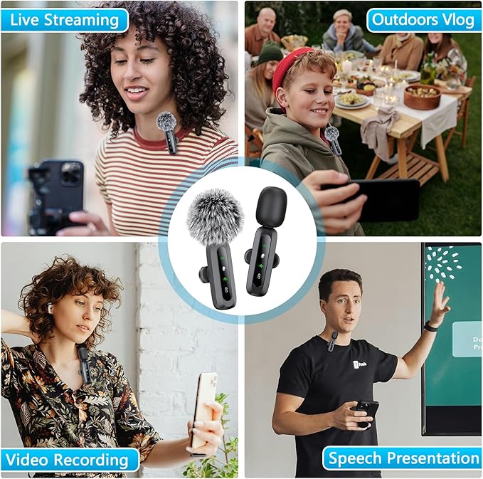 3 in 1 Mini Microphone for iPhone, Android, Camera, LED Display Wireless Lavalier Microphone for Video Recording, Clip on Lapel Lav Mics with Noise Reduction for Interview Vlog YouTube TikTok