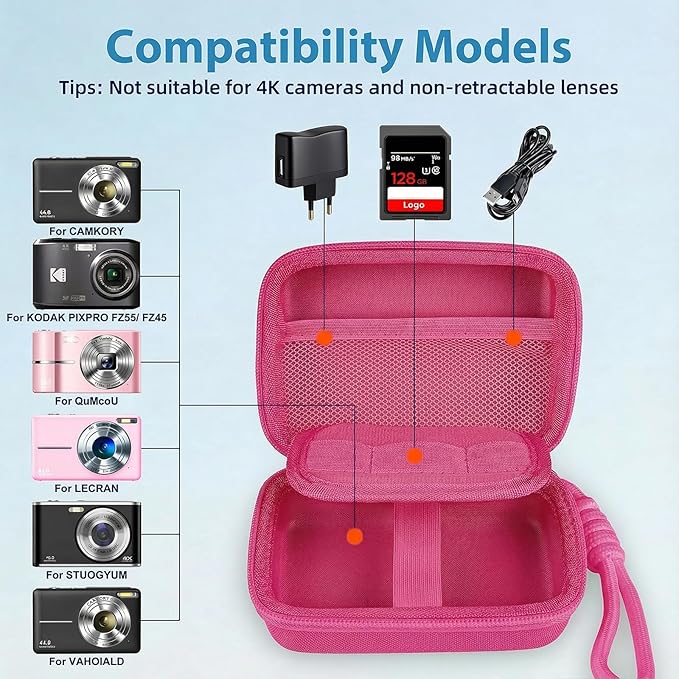 Digital Camera Case for CAMKORY/KODAK PIXPRO FZ45/FZ55/Canon IXUS 285 HS/AbergBest/Sony DSCW800/DSCW830 - Small Travel Compact Camera Holder with Mesh Pocket for SD Card & Accessories (Fuchsia)