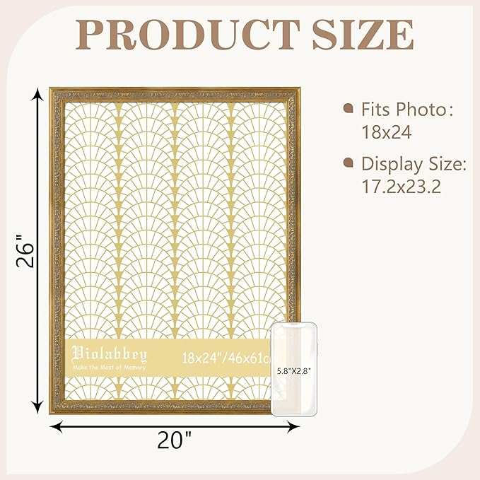 VIOLABBEY 18x24 Poster Frame Gold, Vintage Picture Photo Frames Ornate without Mat for Wall Hanging